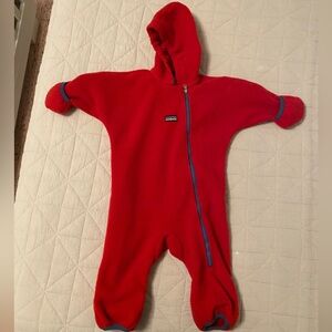 Red Patagonia fleece snowsuit